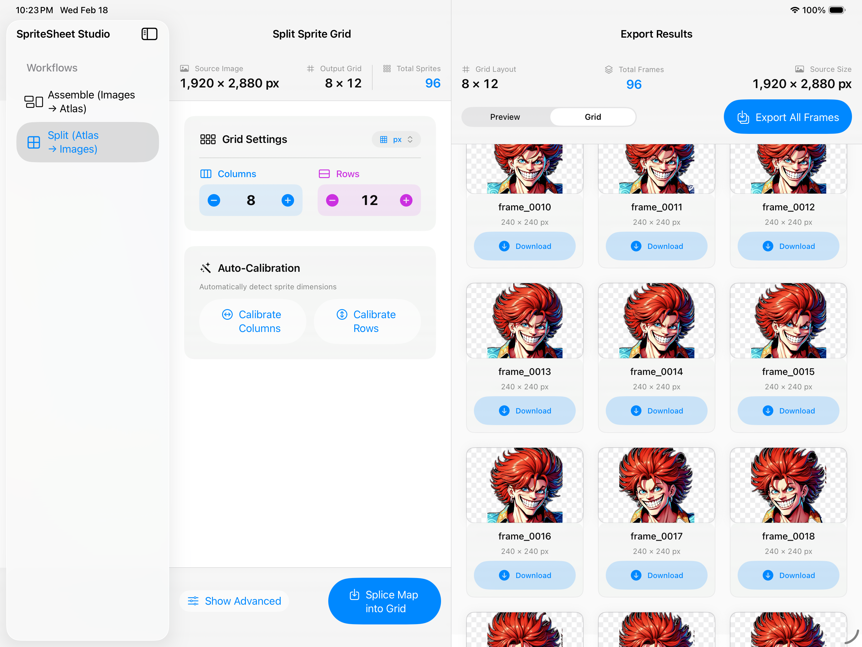 Sprite Sheet Studio on iPad configuring an 8 by 12 grid and previewing 96 exported frames.