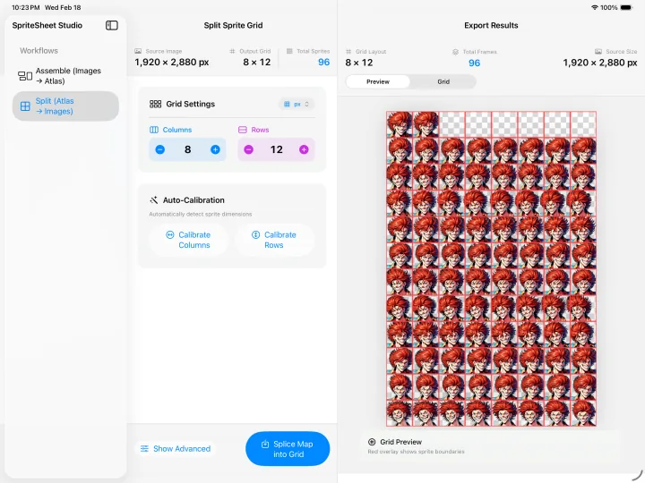 Sprite Sheet Studio showing a detected grid overlay on a sprite atlas.