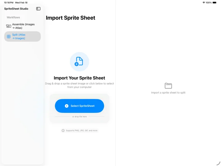 Sprite Sheet Studio screen for importing a sprite sheet to split.