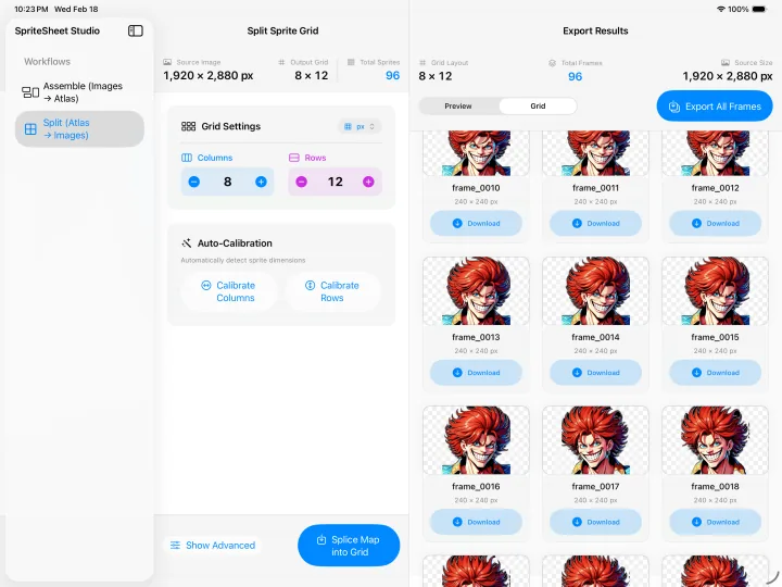 Sprite Sheet Studio split configuration and frame export interface.